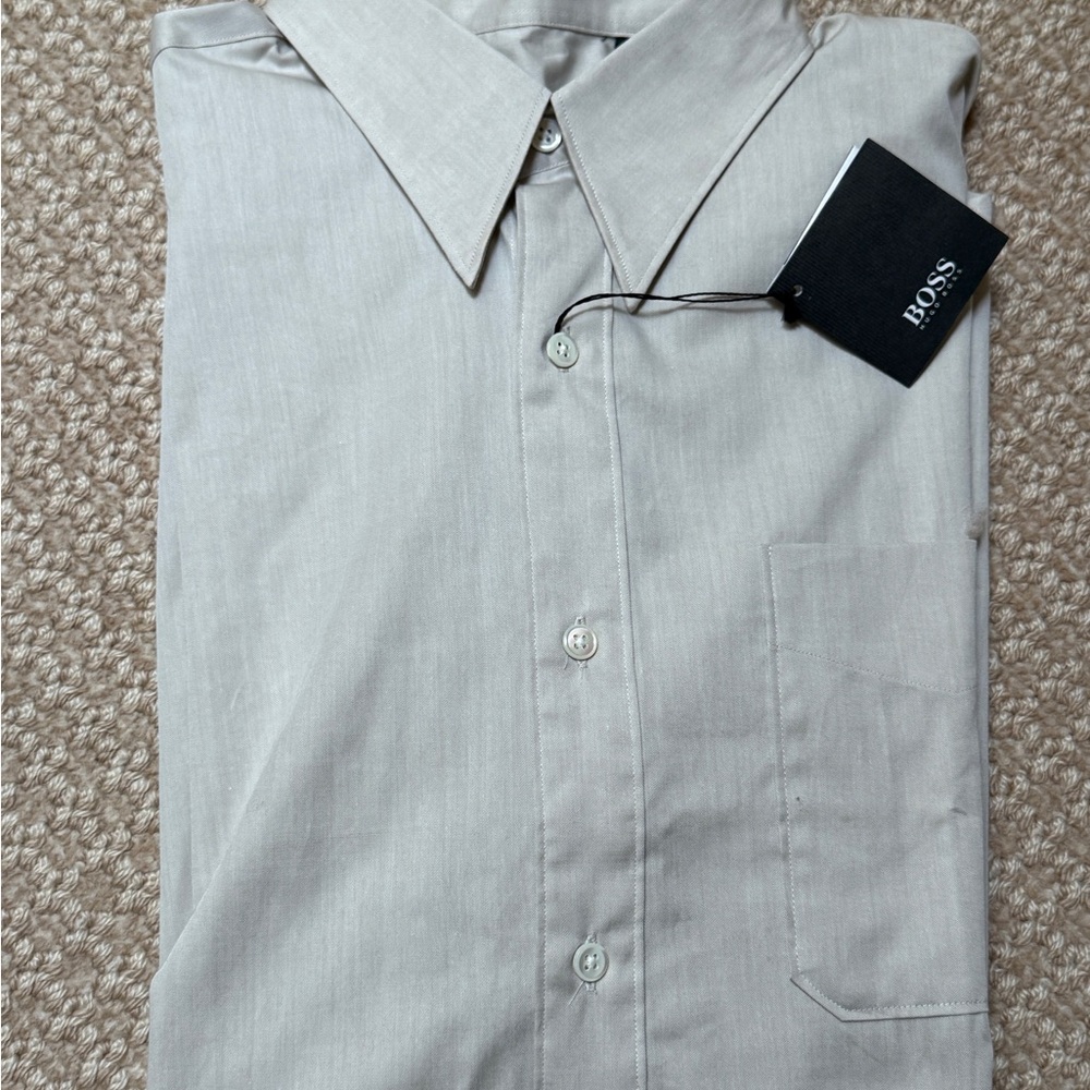 BOSS Men's Light Beige Dress Shirt with Chest Pocket